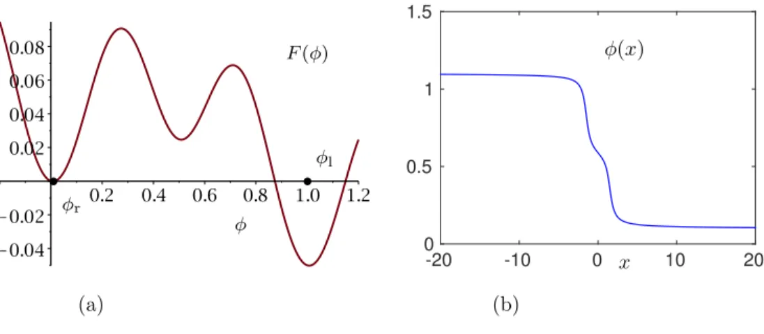 Figure 1.6 – (a) Un potentiel bistable F “en bosse de chameau” (voir (5.54) plus bas), (b) reconstruction numérique de la solution φ(x) de (1.38) associée.