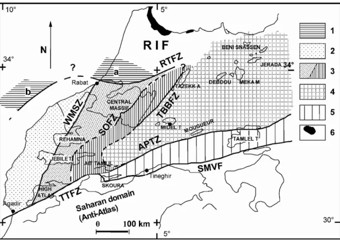 Fig. I.9. Schéma structural des Mesetas Marocaines, avec la position des  principaux affleurements Paléozoïques