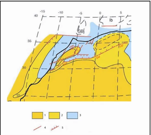 Fig. I.16 Reconstitution paléogéographique du Maroc au cours du  Trias Moyen (241.7 Ma à 227.4 Ma), modifié d’après Guiraud et al