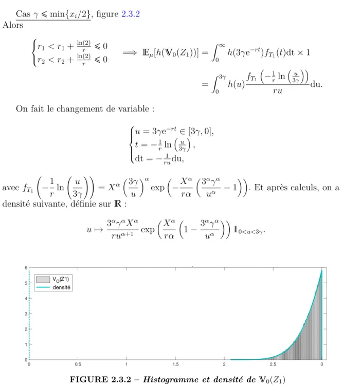 FIGURE 2.3.2 – Histogramme et densité de V 0 (Z 1 ) mesure initiale δ 2 + δ 3 , seuil γ = 1, r = 2, α = 1, nb simu= 10 5
