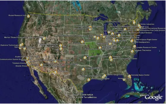 Figure  7:  Locations  of  Space  Shuttle  contractors and  suppliers.  Imagery  obtained  using  Google Earth  (http://earth.google.com)