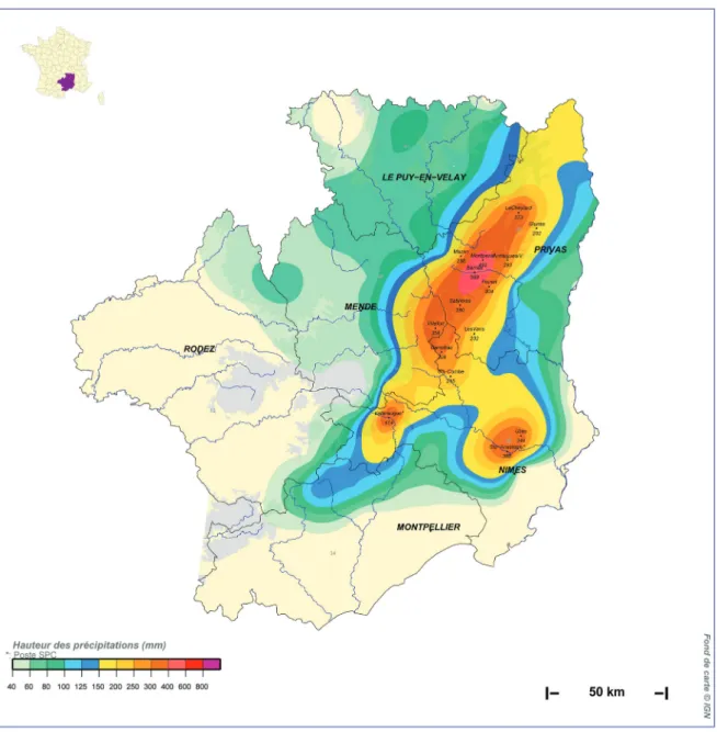 Figure 1 – Cumul de pluies de l’´ episode c´ evenol enregistr´ e du 9 au 13 octobre 2014