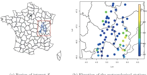 Figure 1: Map of France with positions of the meteorological stations and the region S (a) and elevation of each station in S represented with a color code (b).