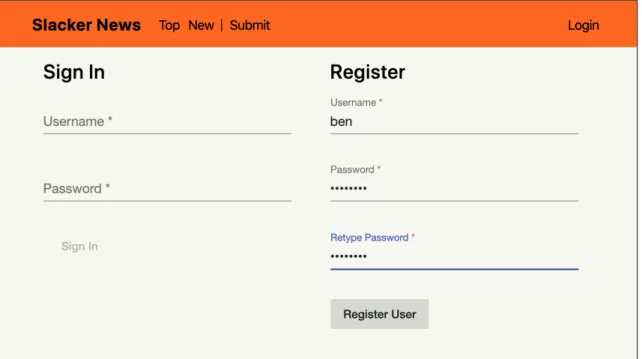 Figure 5-1: Screenshot of the register user page of Slacker News