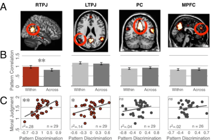 Fig. 3. MVPA results from experiments 1 – 3. (A) Theory of mind regions from a single participant