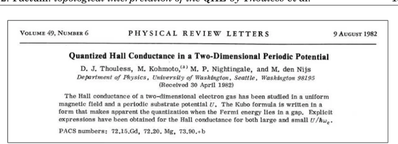 Figure 1.4 : Header of the seminal paper of Thouless et al. that contains the first topological explanation for the QHE.