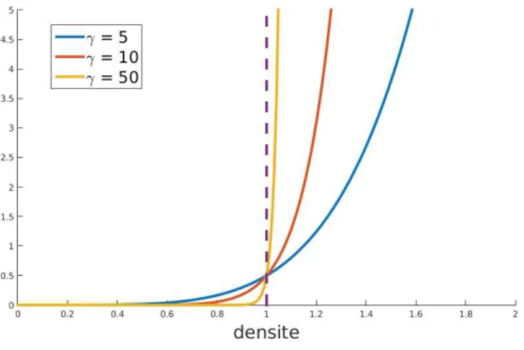 Figure 1.4 – Comportement de la pression p = aρ γ quand γ devient grand