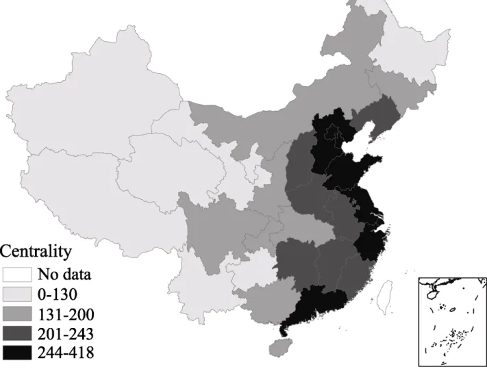 Figure 3. Centrality of GDP in the Provinces of China in 2008. Map shows the inequality  among coastal and inland provinces in economic development
