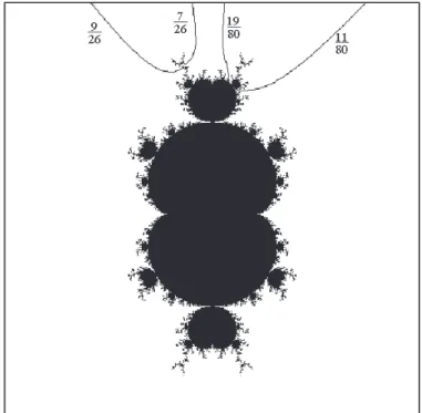 Figure 2-2: The parameter rays R M 3 (7/26) and R M 3 (9/26) land on a common root of a primitive hyperbolic component while R M 3 (19/80) and R M 3 (11/80) land on a common root of a satellite hyperbolic component