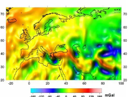 Fig. 5.5 – Dernier mod`ele GFZ/GRGS de champ de gravit´e statique bas´e sur les donn´ees du satellite CHAMP (anomalies de gravit´e) : EIGEN-CHAMP03S (Source : http  ://op.gfz-potsdam.de/champ/results).