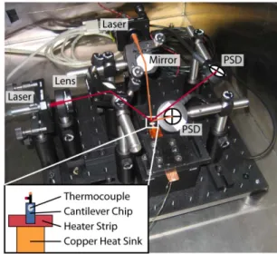 FIG. 3. Bi-arm cantilever experiments are carried out in a vacuum chamber on a self-contained  platform mounted on an optical breadboard consisting of two focused laser diode modules, two  PSDs, a cantilever base heater strip and thermocouple for temperatu