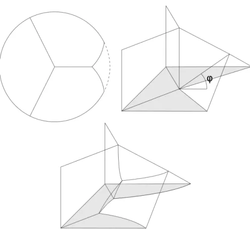 Figure 5: En haut sur la droite le cˆ one Y + Y (la r´ egion grise repr´ esente l’intersection du cˆ one avec Γ), sur la gauche l’intersection du cˆ one avec une demi-sphere