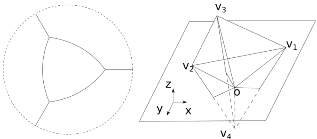 Figure 3.3: On the right the cone T + or “half T”, and on the left its intersection with the hemisphere.