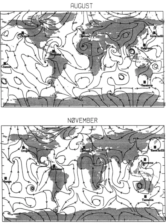 Figure 4.3  continued:  Streamlines for 667  mb from the Golombek  and Prinn(1986)  low- low-resolution  spectral  model for (c) August and (d) November