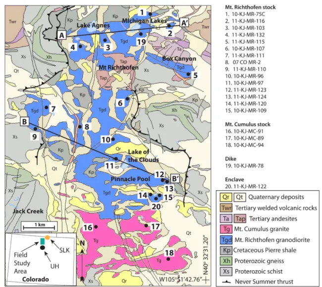 Fig. 1   Geological map of the intrusive rocks of the Never Summer igneous complex (modified from O’Neill 1981) showing sample localities