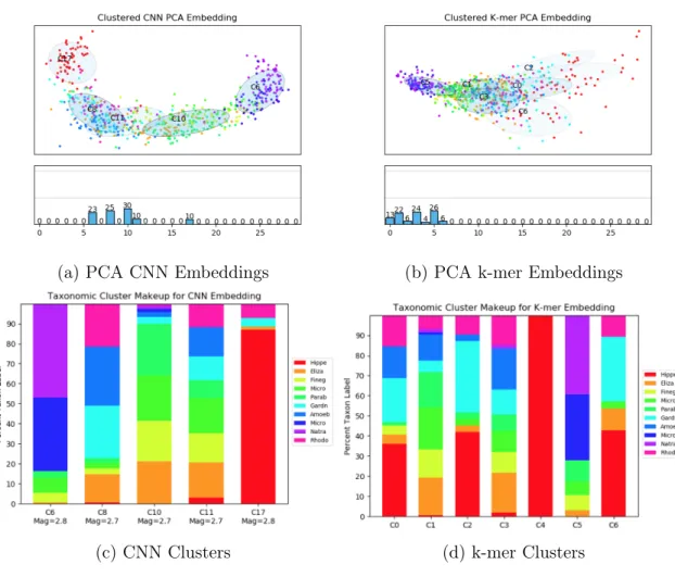 Figure 4-2: Embedding space and cluster breakdown for CNN and k-mer embeddings.