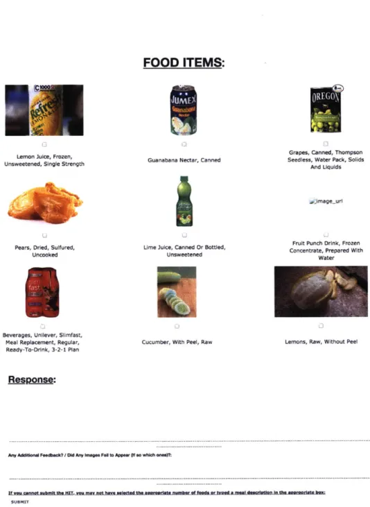Figure  3-3:  The AMT  interface,  where  Turkers  had  to check  off at  least  three  foods,  and write  a "response"  (i.e.,  meal description  containing those food items).