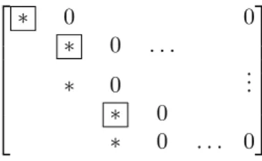 Figure 1.4: Column echelon form of a matrix. Stars are possibly non-zero values and pivots are boxed.
