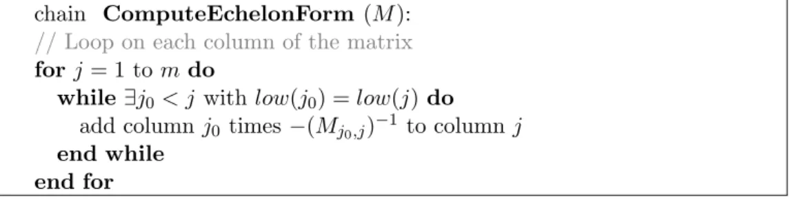 Figure 1.5: Computing echelon form on column. We write low(j) for the lowest non zero coefficient in column j