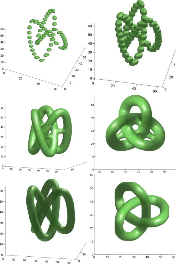 Figure 4.13. Reconstruction d’un noeud - en haut à gauche : coupes - en haut à droite : ensemble initial - au milieu : ε = 0.6/m - en bas : ε = 0.35/m.