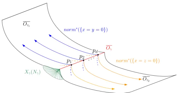 Figure 3.4: Preimages of the axes {x = y = 0} and {x = z = 0} by the normalization of V (h) .