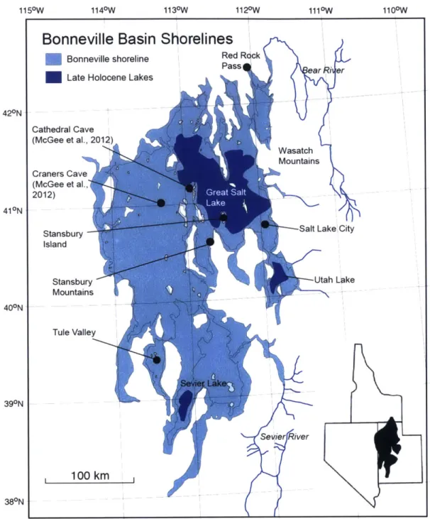 Figure 1:  Map  of Lake  Bonnevile modified  from McGee  et al.  (2012)  and Currey  et  al.