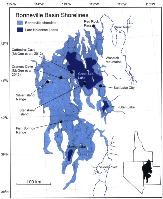 Figure  1:  Map of the Bonneville  Basin modified  from McGee  et al.  (2012)  and  Currey et al