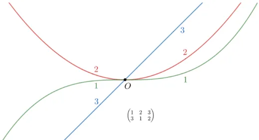 Figure 39: Associating a permutation to a set of graphs of polynomials near a common zero.