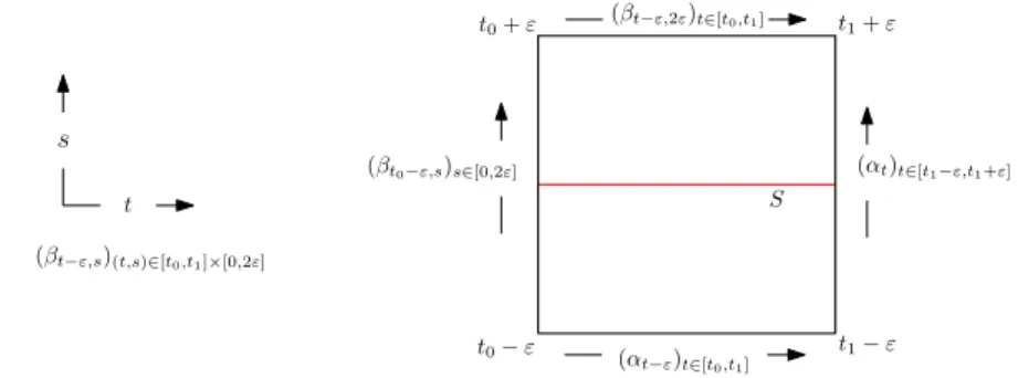 Figure 3.1 – Trace de la famille (β t − ε,s ) (t,s) ∈ [t 0 ,t 1 ] × [0,2ε] restreinte aux cylindres associ´es.