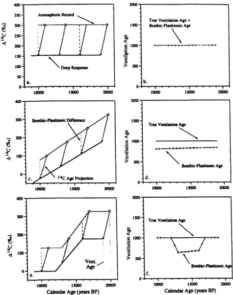 Figure  1.  Three  theoretical  atmospheric  A' 4 C  scenarios  with  their deep  water  responses