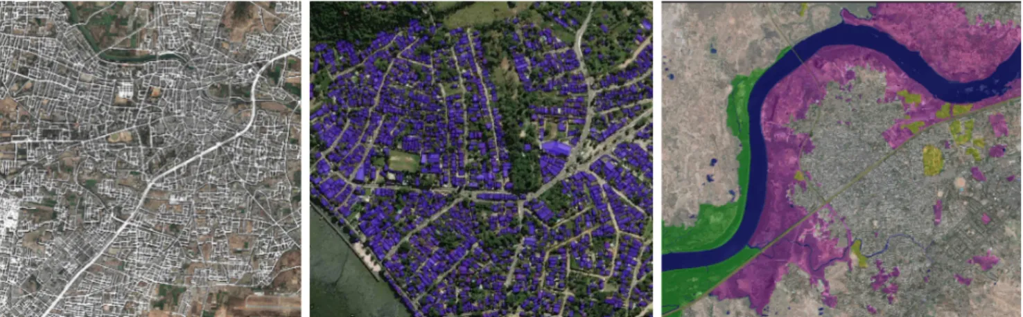 Figure 1: DeepGlobe Challenges: Example road extraction, building detection, and land cover classification training images superimposed on corresponding satellite images.