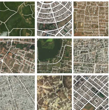 Figure 2: Road labels are annotated on top of the satellite image patches, all taken from DeepGlobe Road Extraction Challenge dataset.
