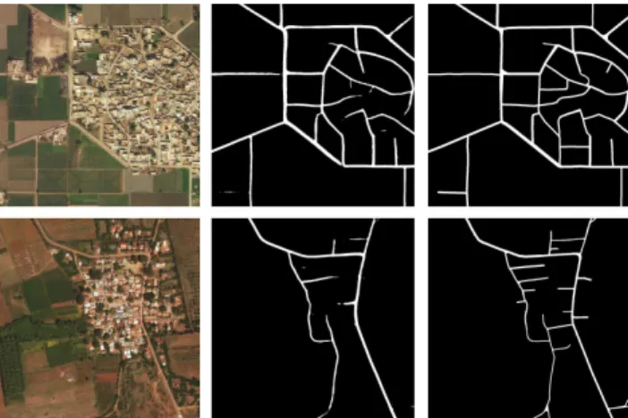 Figure 4: Example results of our road extraction method with an IoU score of 0.545, with satellite image (left),  ex-tracted road mask (middle), and the ground truth (right).