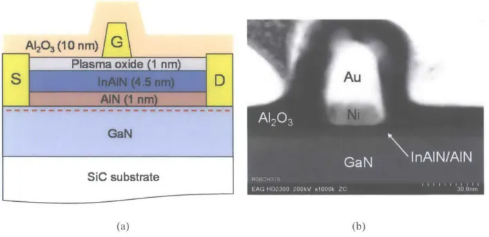 Figure  3-10.  (a)  Cross-sectional  schematic  image  of InAIN/GaN  HEMT.  (b)  Cross-sectional  TEM  image of 30  nm  gate length  device.
