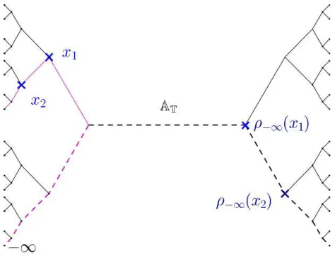 Figure 4.2.1 – Retraction centered at −∞ on a tree, see 4.4.2. The standard apartment is drawn as dotted line