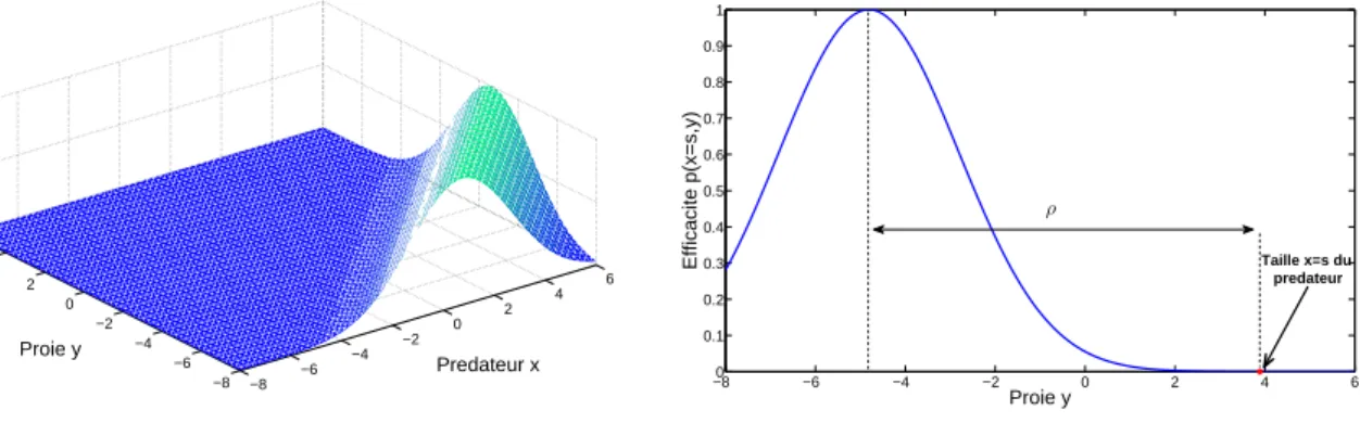 Fig. 2.19: Graphe de la fonction eﬃcacité de prédation (2.13) avec p max = 1, ρ = 8.7 et σ = 2.