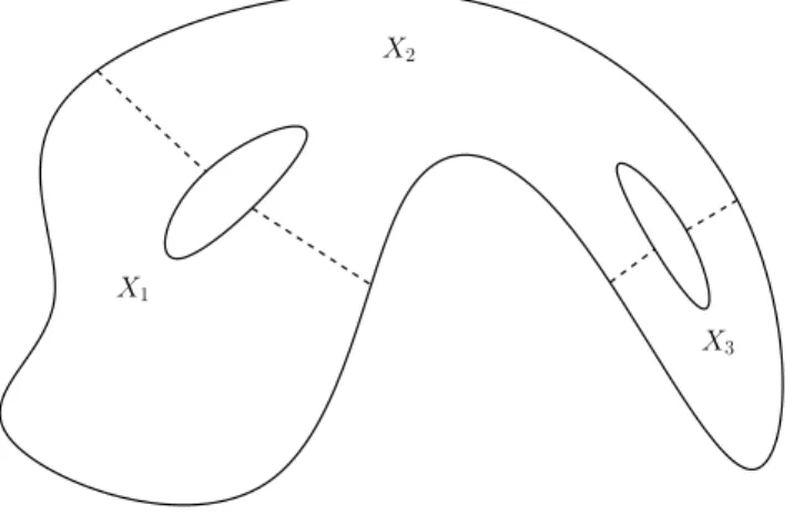 Figure 8.1: Idea of the proof of Theorem 8.33: every domain Ω with Lipschitz boundary (solid line), even with an intricate topology, can be decomposed in a finite number of pieces X 1 , X 2 , X 3