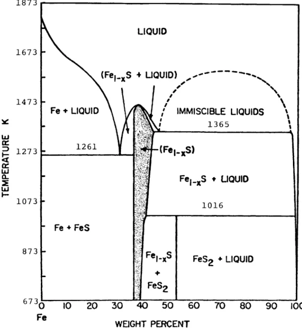 Figure  I.I.  Relations  among  condensed  phases  in  the  Fe-S  system  above 673  K
