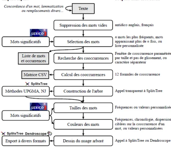 Figure 1: La chaîne de traitements pour la construction d'un nuage arboré à partir d'un texte, et  son implémentation dans le logiciel TreeCloud