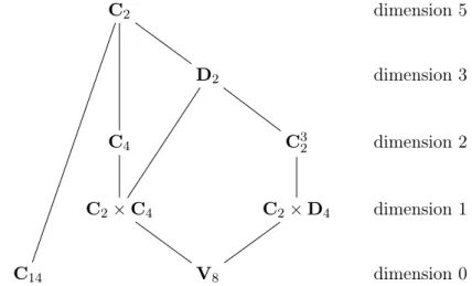 Figure 7.2 – Stratification de l’espace de modules des courbes hyperelliptiques de genre 3 en caractéristique 3 selon le groupe d’automorphismes (cf