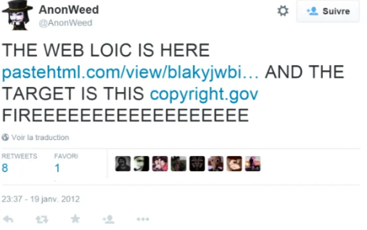 Figure 1.1 – Lien vers une version de LOIC automatisée, diffusé de façon massive sur Twitter en janvier 2012