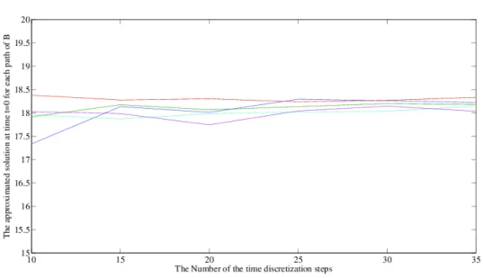 Figure 2.1 – The BDSDE’s solution with respect to the number of time discretization steps for five diﬀerent paths of B