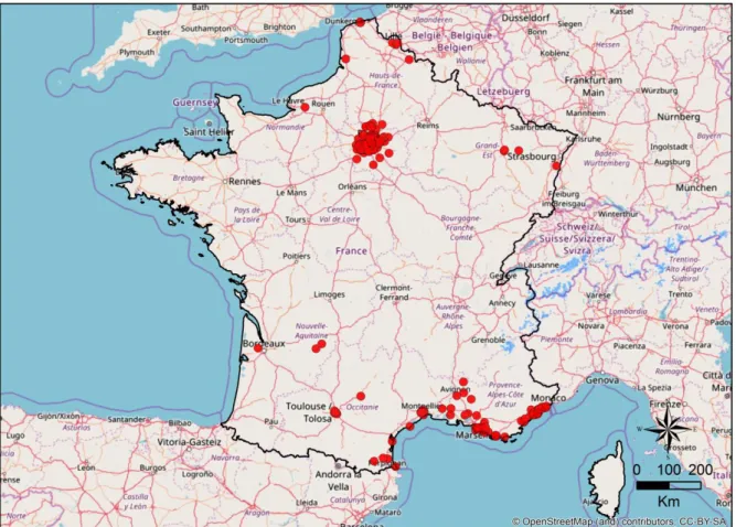 Figure 9 : Distribution de la Perruche à collier Psittacula krameri en France métropolitaine (Cette carte a  été réalisée d’après les données de eBird 2017 ainsi que les données récoltées par le Muséum National  d’Histoire Naturelle de Paris et par l’auteu