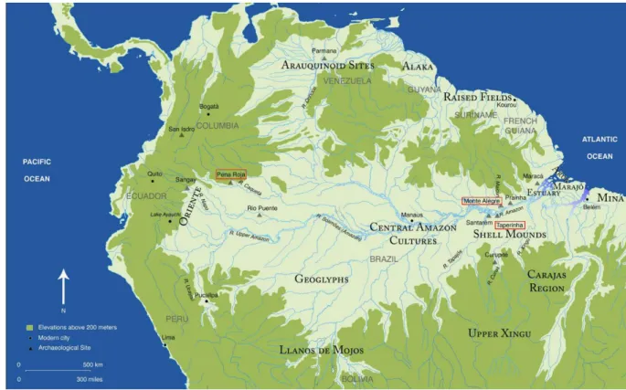 Figure 1 : quelques sites archéologiques amazoniens. Ceux encadrés en rouge sont cités dans le texte