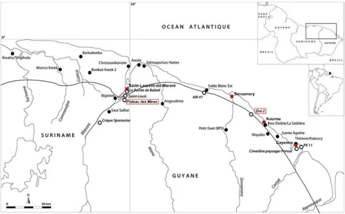 Figure 2 : principaux sites archéologiques connus de la zone côtière de la Guyane et du Suriname