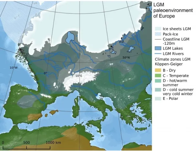 Figure   3:  Glaciation   extent   and   climatic   zones   in   Europe   during   the   last   glacial   maximum   according   to compilation from Becker et al