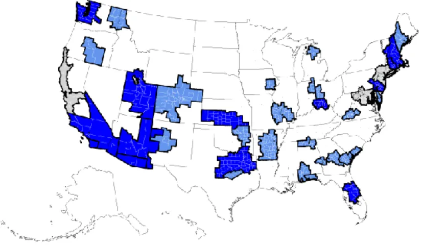Figure 1: Top Regional Aerospace Vehicles and Defense Clusters in 2010  (Economic Areas;  C ** )  EAs with Top Employment Specialization and Share of U.S