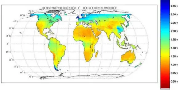 Figure 2.23 Worldwide EPBT of on-grid PV modules including all BOS components for the year 2010 [60] 