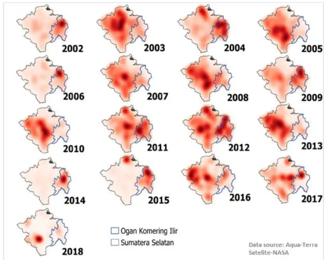 Figure 2-4. Fire distribution in Sumatera Selatan province for the period 2002-2018. Data  source: NASA, consulted from 2017 to 2019