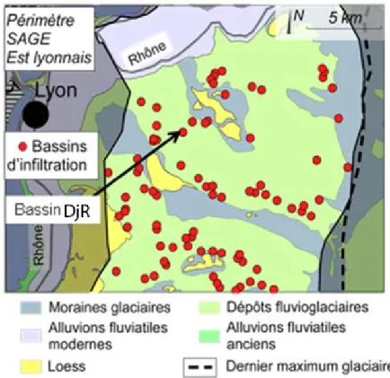 Figure 2 : Carte des formations superficielles et position géographique du bassin DjR  par rapport aux bassins d’infiltration de l’Est lyonnais  (Winiarski, 2014)